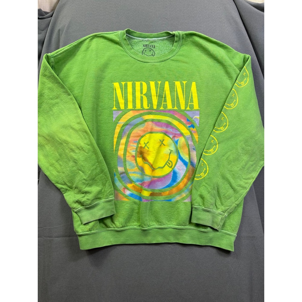Nirvana Smiley Face Graphic Sweatshirt Green Tie Dye Sleeve Print Mens S/M